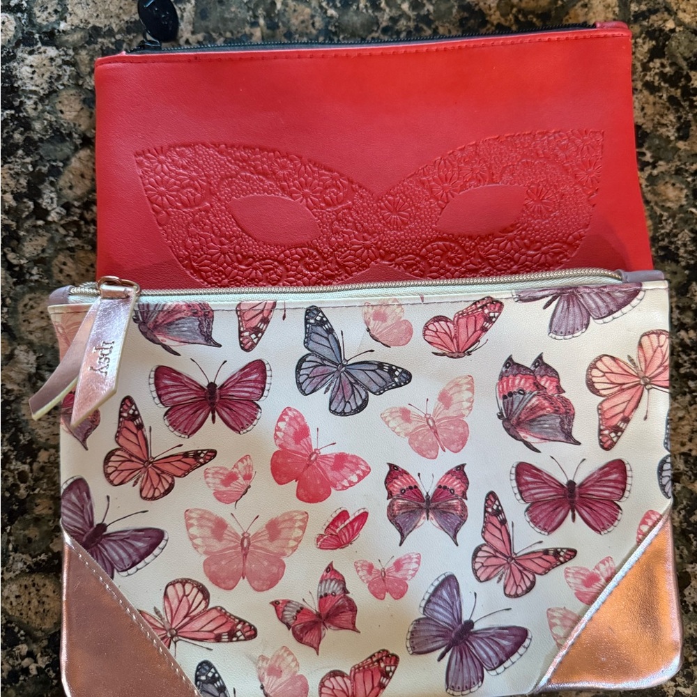 Ipsy Red and Pink Butterfly Cosmetic Bag Set